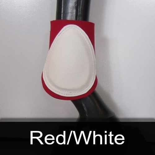 A red and white boot is on a horse 's leg.