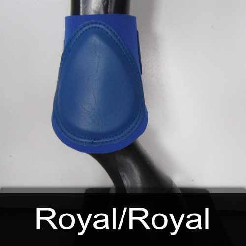 A close up of a blue boot on a horse 's leg.