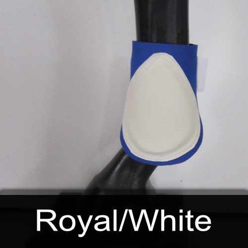 A horse 's leg with a blue and white boot on it.