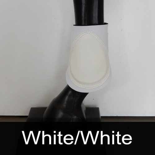 A close up of a white boot on a horse 's leg.