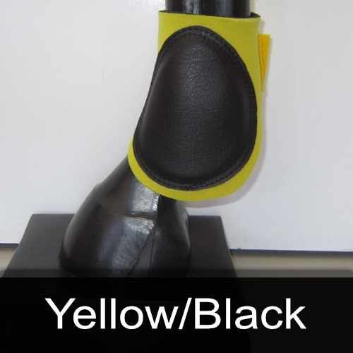 A yellow and black boot is on a black horse