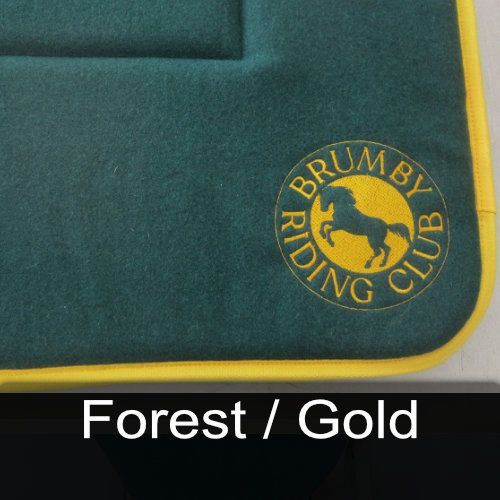 A green blanket with a yellow logo for the brumby riding club