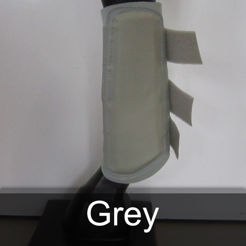 A pair of grey leg protectors on a mannequin