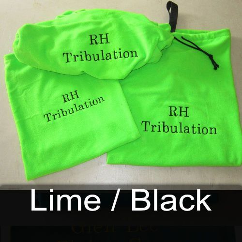 Lime and black shirts with rh tribulation written on them