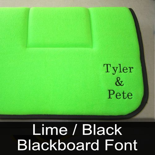A lime / black blackboard font with tyler and pete embroidered on it