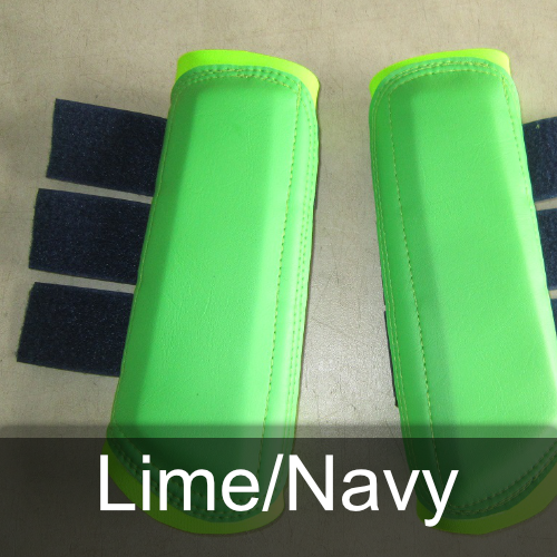 A pair of lime and navy boot covers on a table