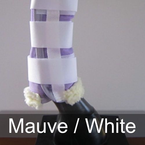 A horse wearing mauve and white leg wraps