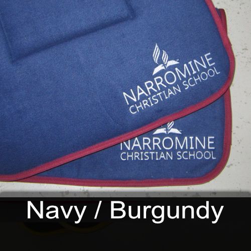 A pair of narrome christian school towels in navy and burgundy