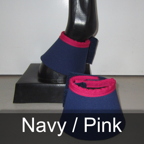 A pair of navy and pink bell boots on a mannequin