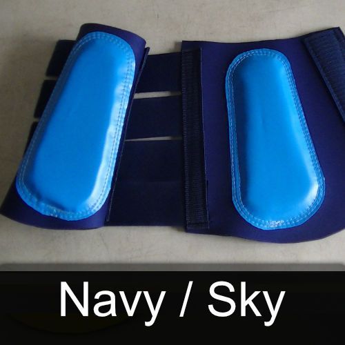 A pair of blue boots with the words navy / sky on the bottom