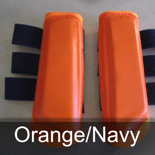 A pair of orange / navy boots with black straps