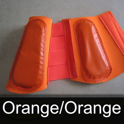 A pair of orange and red boots with the words orange / orange below them