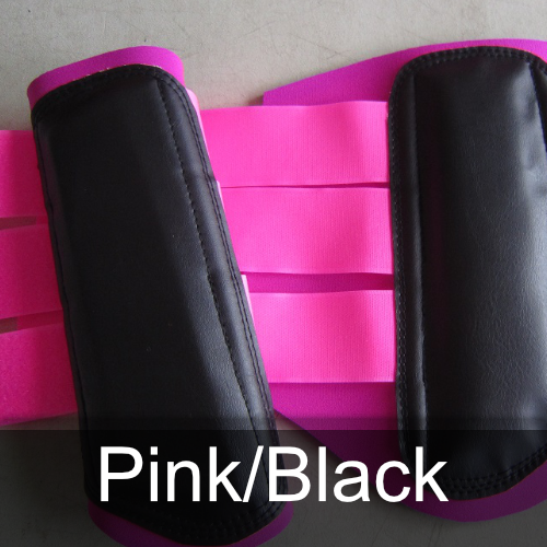 A pair of pink and black leg protectors