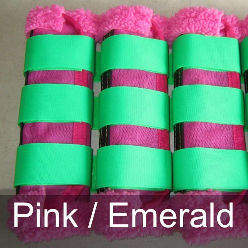 A row of pink and green bandages with the words pink / emerald below them