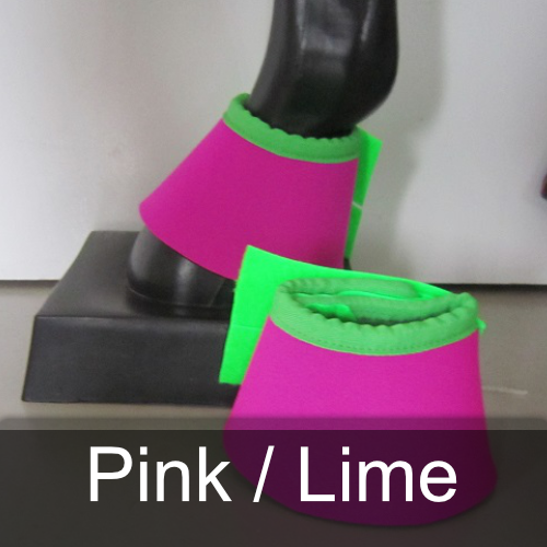A pair of pink and lime bell boots on a horse