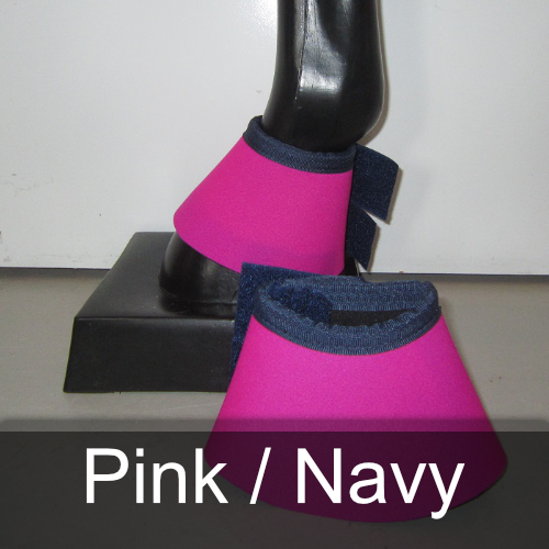 A pair of pink and navy bell boots on a mannequin