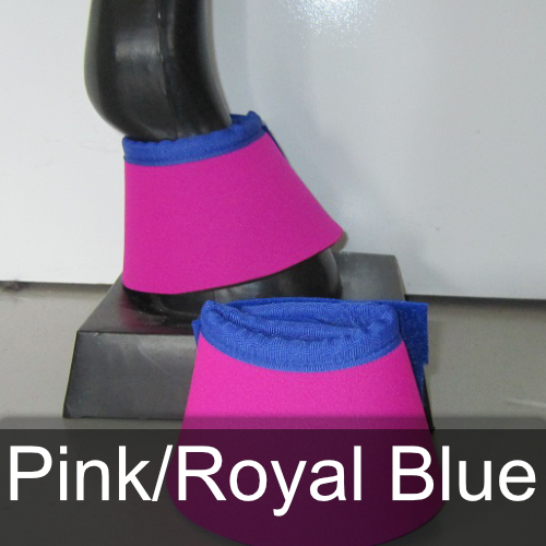 A pair of pink and royal blue bell boots on a horse