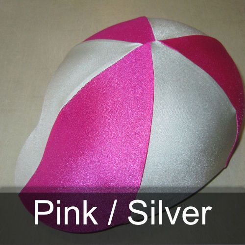 A pink and white hat with the words pink / silver below it