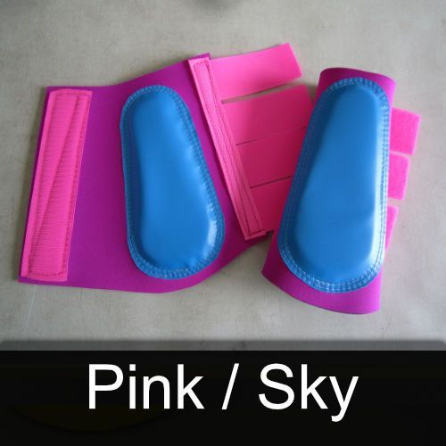 A pair of pink and blue boots that say pink / sky