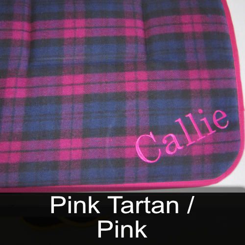 A pink plaid blanket with the name callie embroidered on it