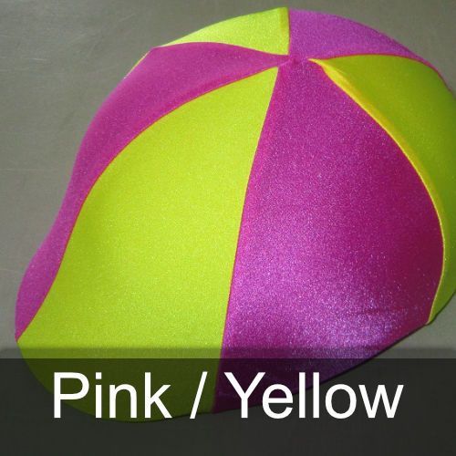 A pink and yellow hat with the words pink / yellow below it