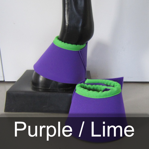 A pair of purple and lime bell boots on a horse
