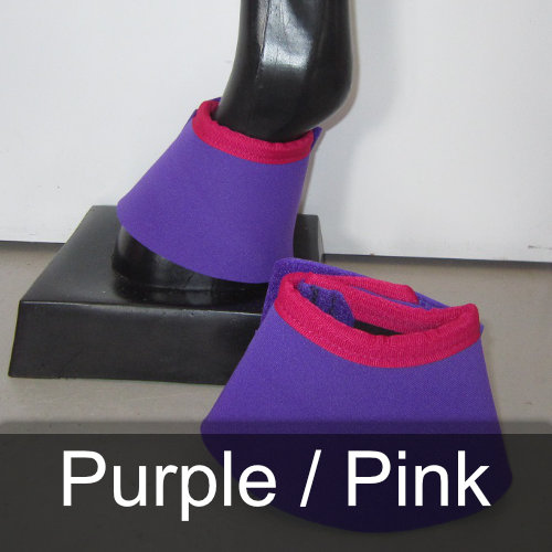 A pair of purple and pink bell boots on a mannequin