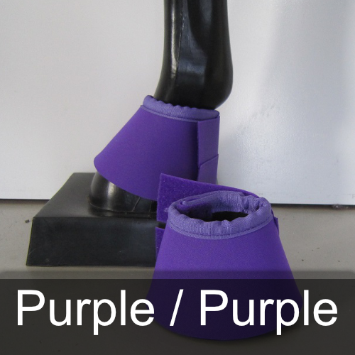 A pair of purple bell boots on a horse