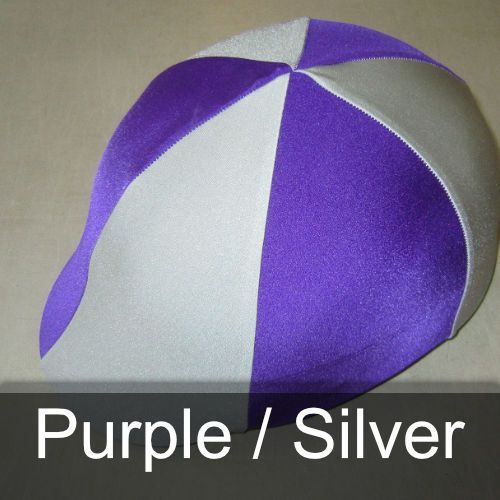 A purple and white hat with the words purple / silver below it