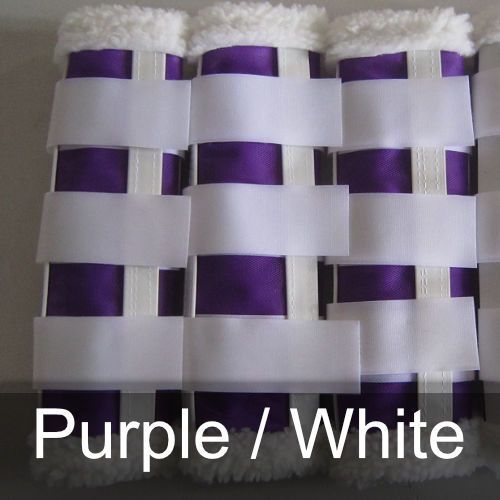 Purple and white striped fabric with the words purple / white below it