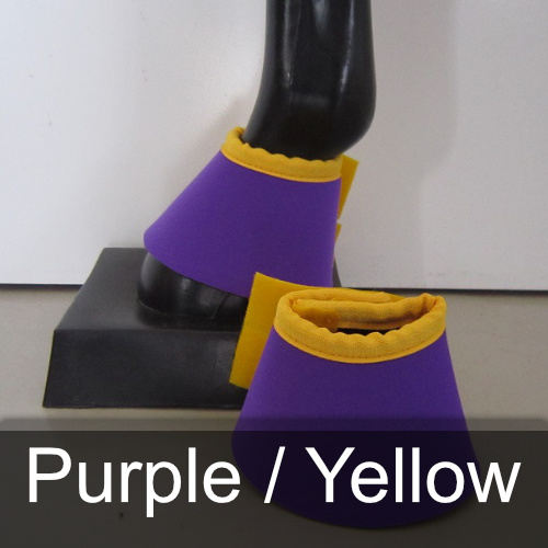 A pair of purple and yellow bell boots on a mannequin