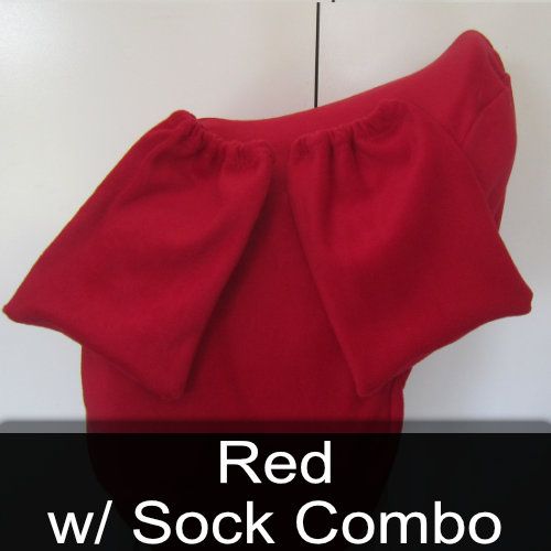 A red w / sock combo shirt is hanging on a hanger