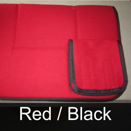A red and black blanket with the words red / black below it