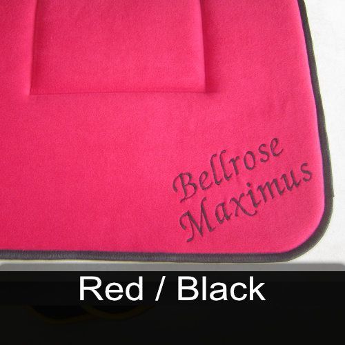 A red and black blanket with the name bellrose maximus embroidered on it