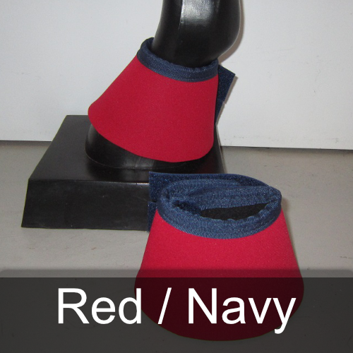 A pair of red and navy bell boots on a mannequin
