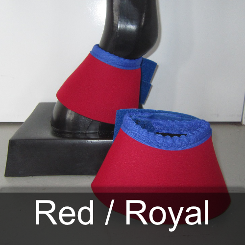 A pair of red / royal bell boots on a mannequin