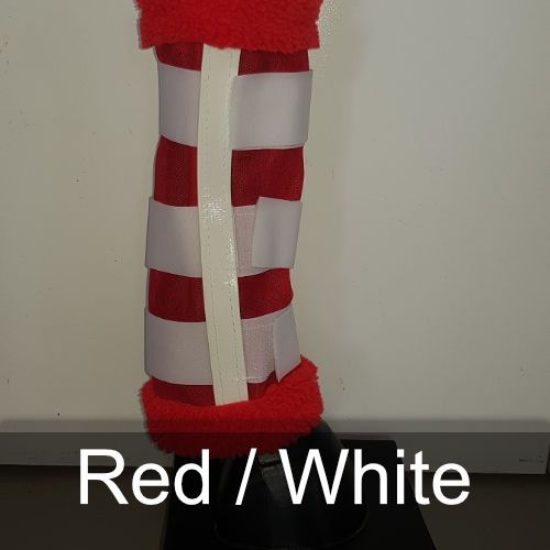 A red and white striped item with the words red / white below it