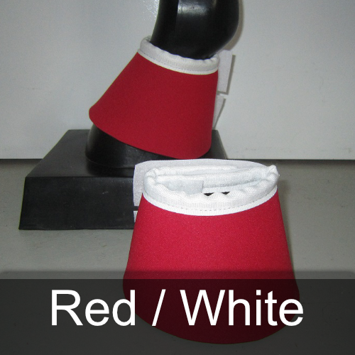 A pair of red and white bell boots on a mannequin