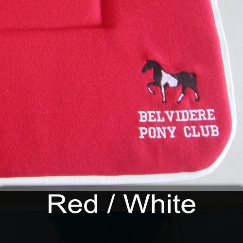 A red and white item that says belvedere pony club