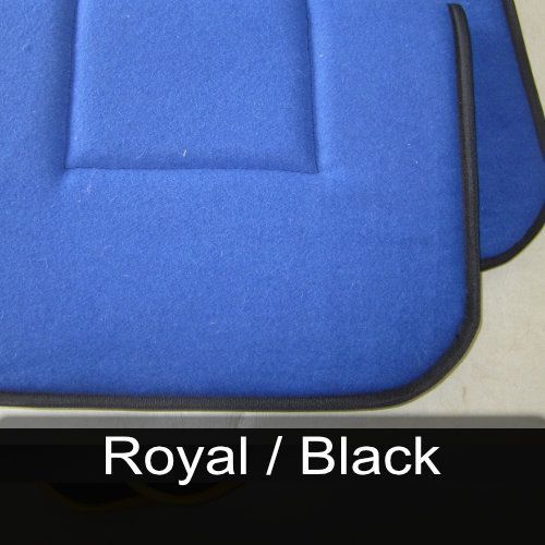 A blue seat cushion with the words royal / black below it
