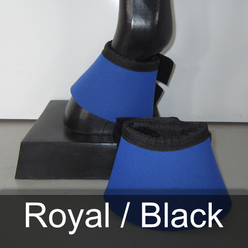 A pair of royal / black bell boots on a horse