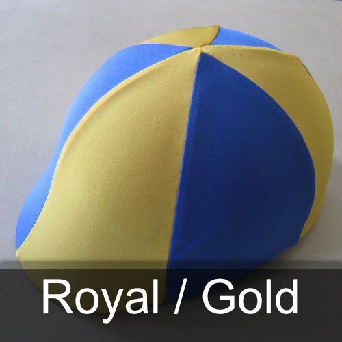 A blue and yellow hat with the words royal / gold below it