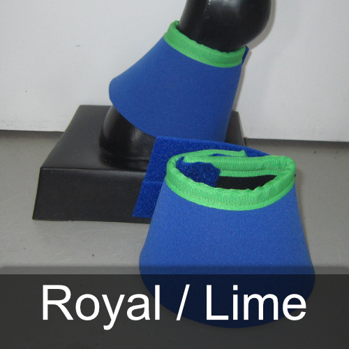 A pair of blue and green bell boots with the words royal / lime below them