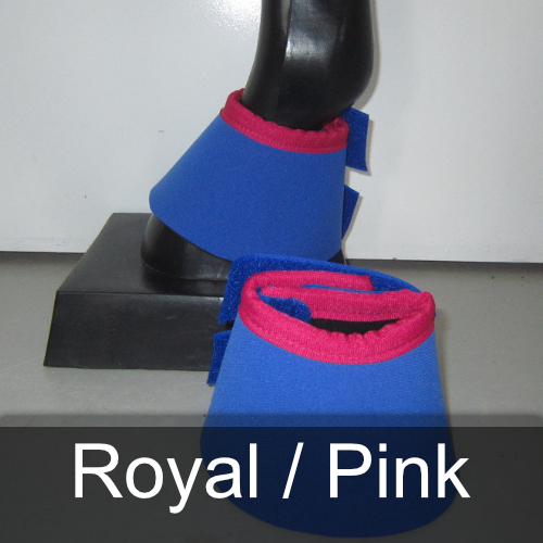 A pair of blue and pink bell boots on a mannequin