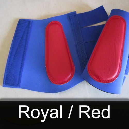 A pair of blue and red boots with the words royal / red below them