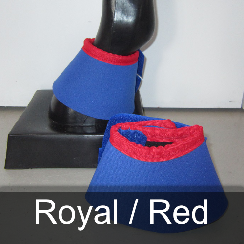 A pair of royal / red bell boots on a mannequin