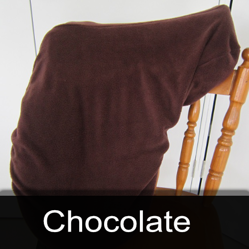 A chair with a brown blanket on it and the word chocolate below it