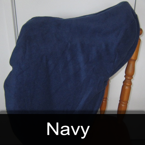 A blue blanket is sitting on a chair with the word navy below it