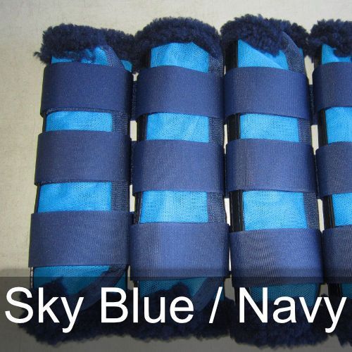 A row of blue boots with the words sky blue / navy below them