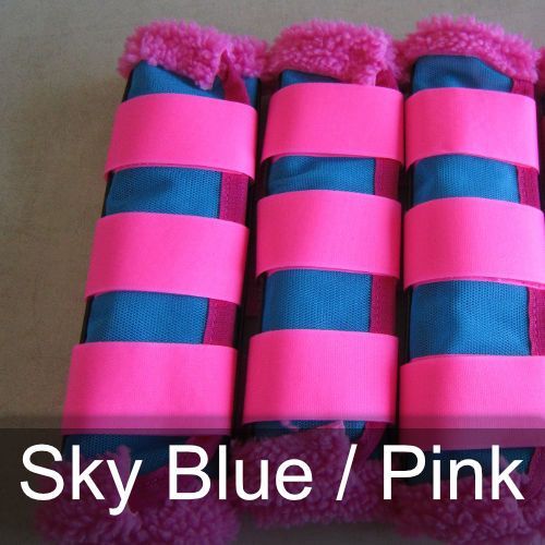 A pair of sky blue and pink leg wraps
